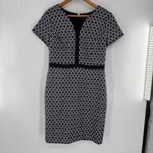 Ann Taylor Womens Size 8 Navy White Geometric Jacquard Sheath Dress Short Sleeve